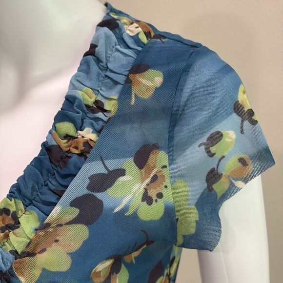 Sweet Pea Floral Double Mesh Tee Size XL Cap Sleeve Ruched Ruffle Deep V Neck - Picture 7 of 12